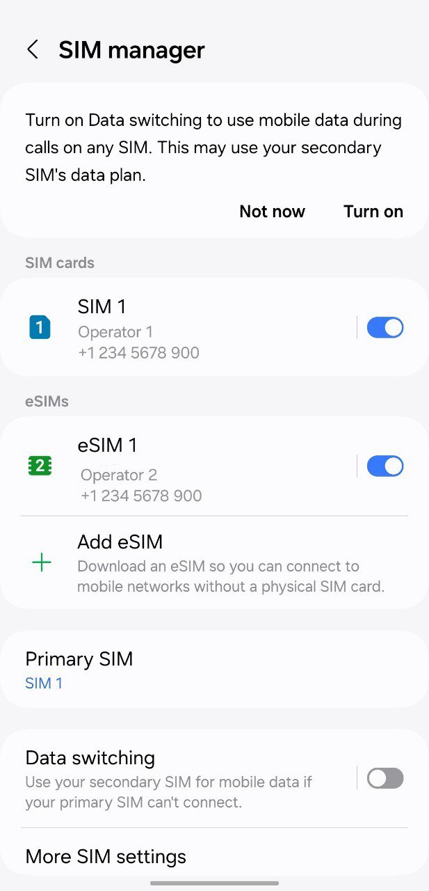 מסך הגדרות eSIM בטלפון אנדרואיד — הוספת חבילת גלישה דיגיטלית